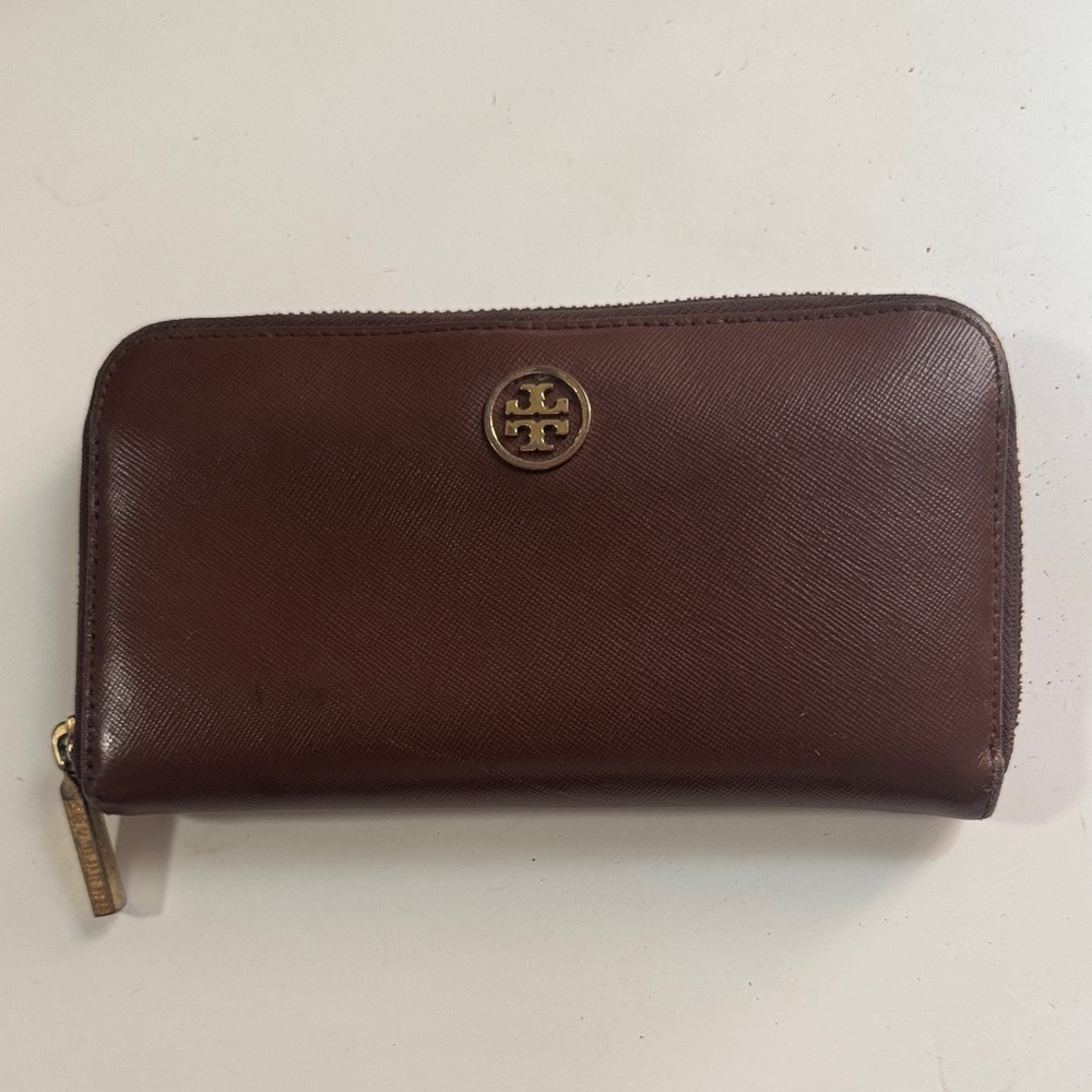 Tory Burch Dark Brown Zip-Around Logo Wallet